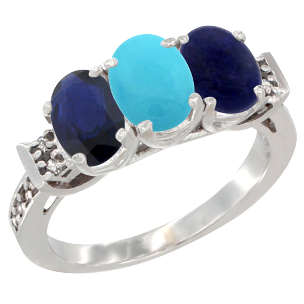 10K White Gold Natural Blue Sapphire, Turquoise & Lapis Ring 3-Stone Oval 7x5 mm Diamond Accent, sizes 5 - 10