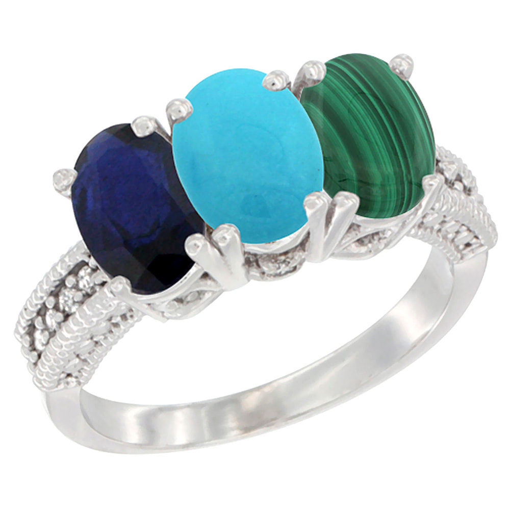14K White Gold Natural Blue Sapphire, Turquoise &amp; Malachite Ring 3-Stone 7x5 mm Oval Diamond Accent, sizes 5 - 10