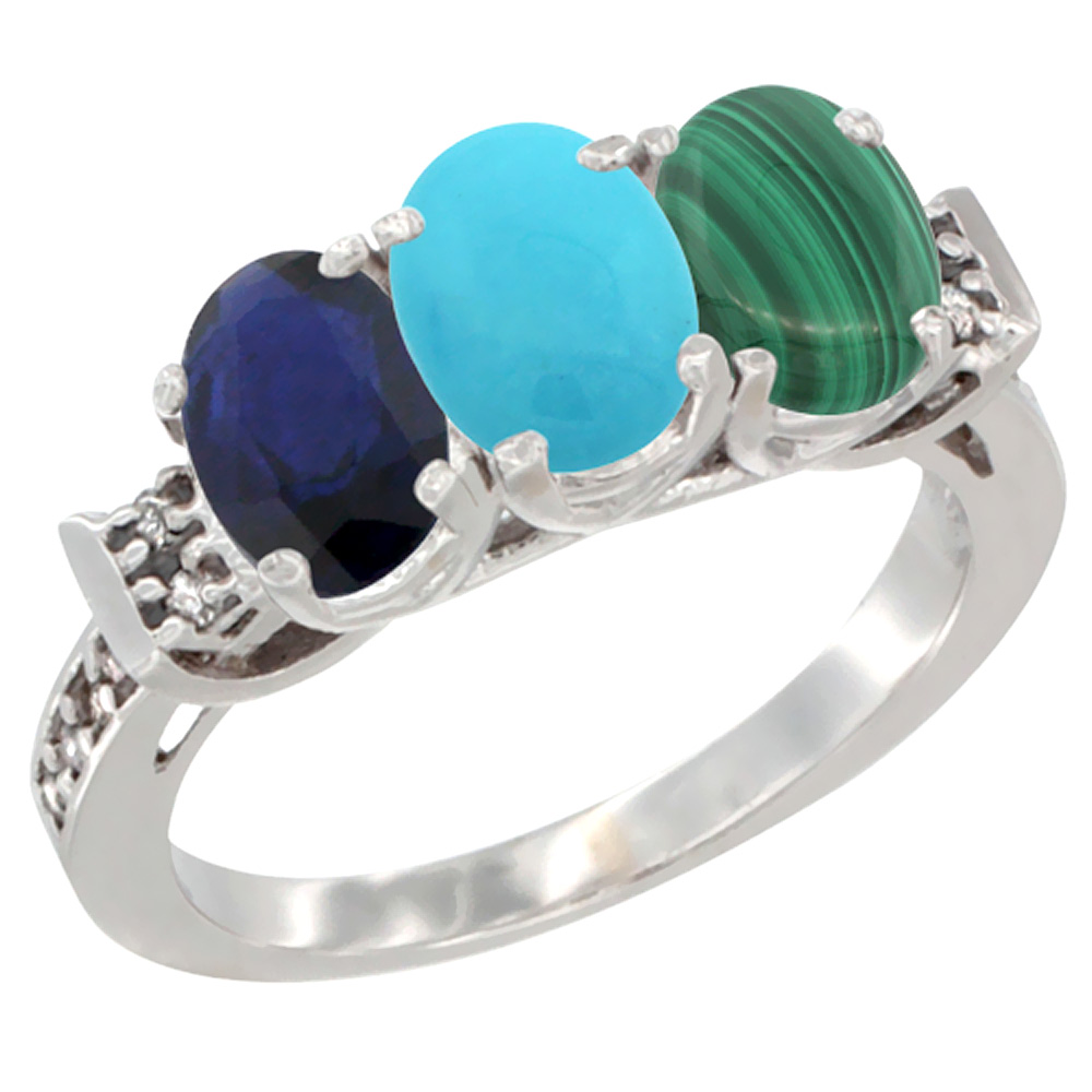 14K White Gold Natural Blue Sapphire, Turquoise &amp; Malachite Ring 3-Stone Oval 7x5 mm Diamond Accent, sizes 5 - 10