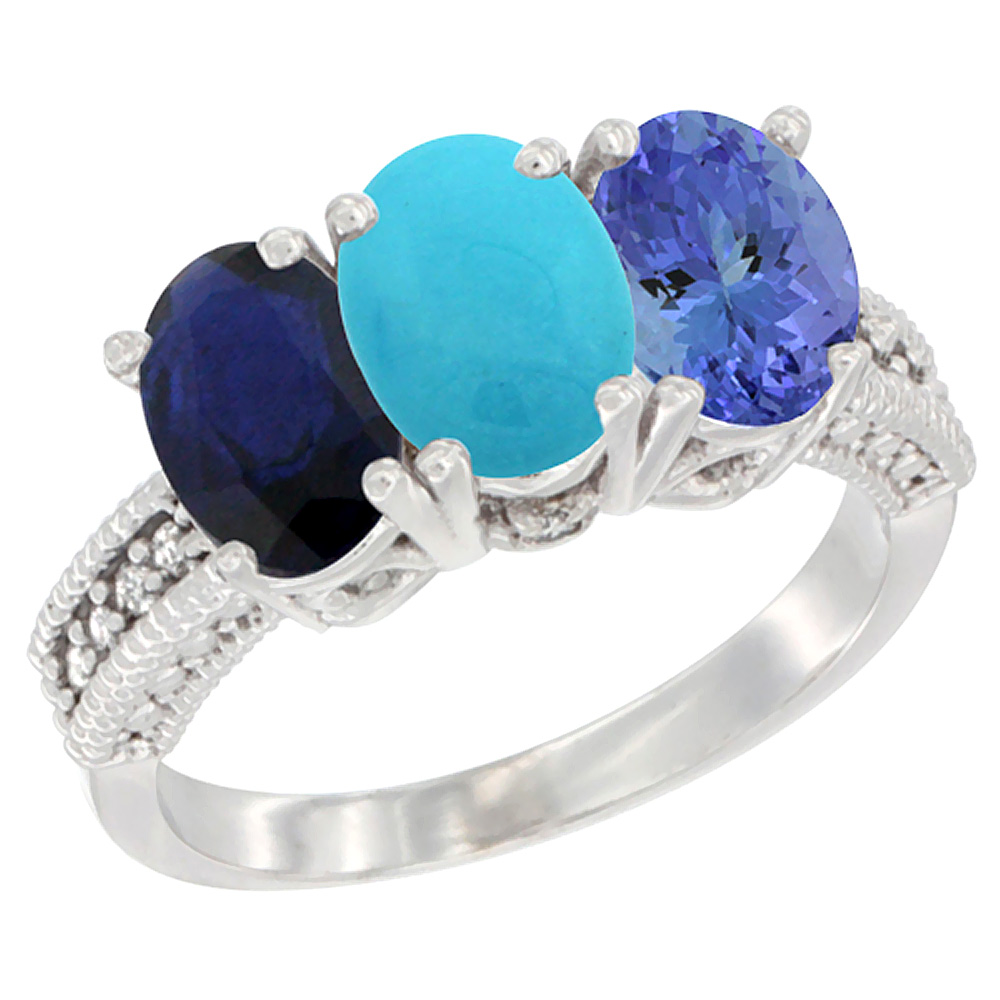14K White Gold Natural Blue Sapphire, Turquoise &amp; Tanzanite Ring 3-Stone 7x5 mm Oval Diamond Accent, sizes 5 - 10