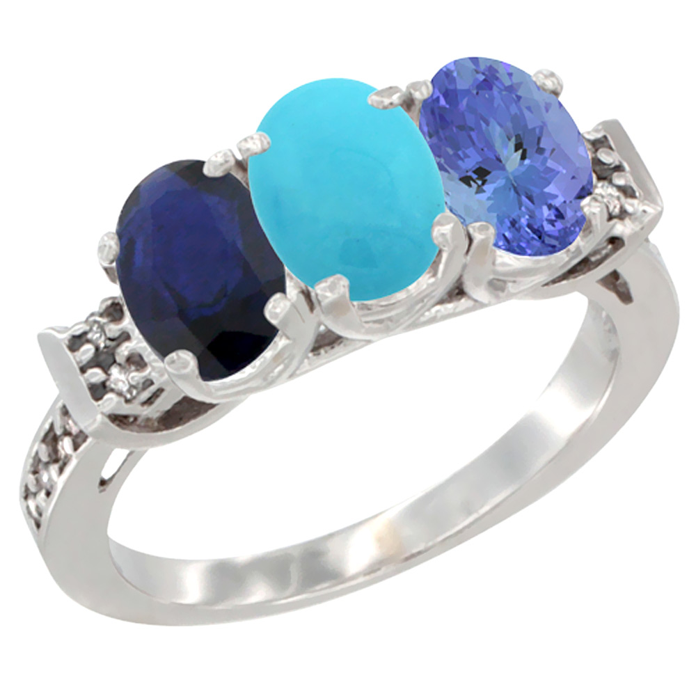14K White Gold Natural Blue Sapphire, Turquoise & Tanzanite Ring 3-Stone Oval 7x5 mm Diamond Accent, sizes 5 - 10