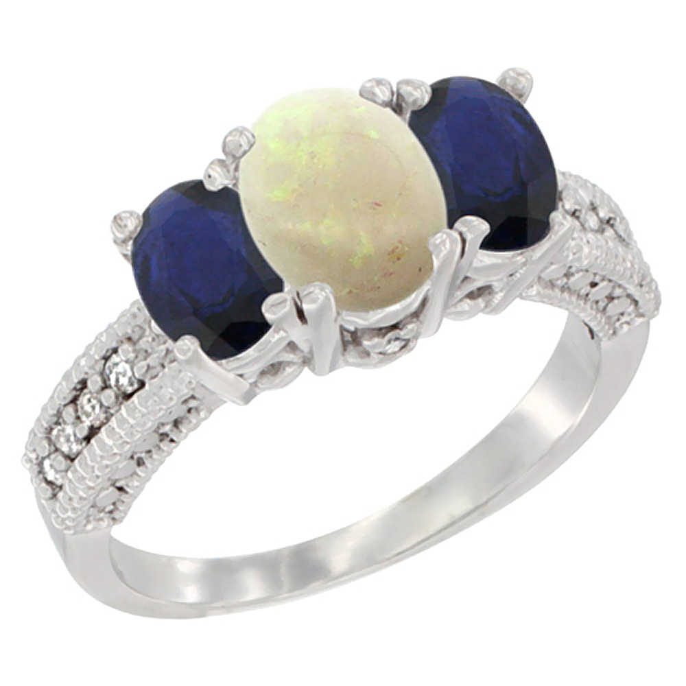 14k White Gold Ladies Oval Natural Opal 3-Stone Ring with Blue Sapphire Sides Diamond Accent
