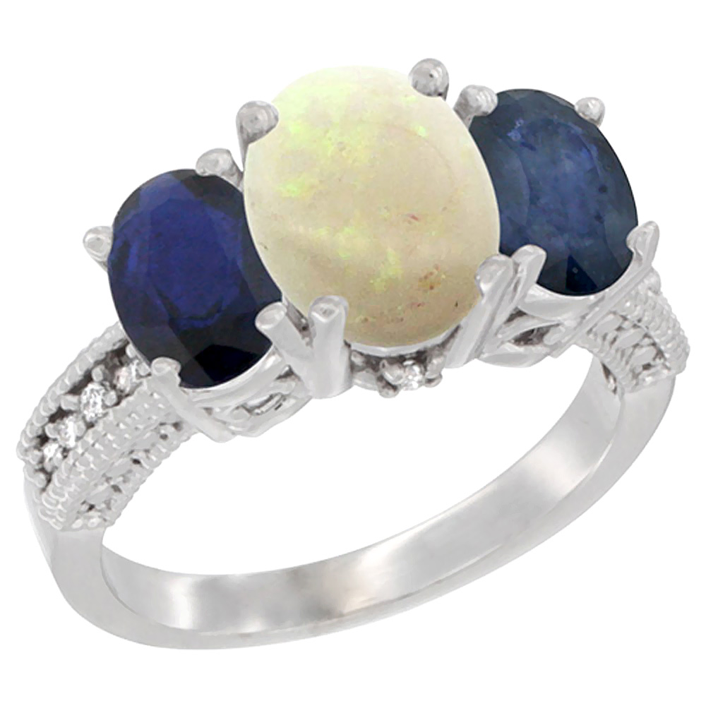 10K White Gold Diamond Natural Opal Ring 3-Stone Oval 8x6mm with Blue Sapphire, sizes5-10