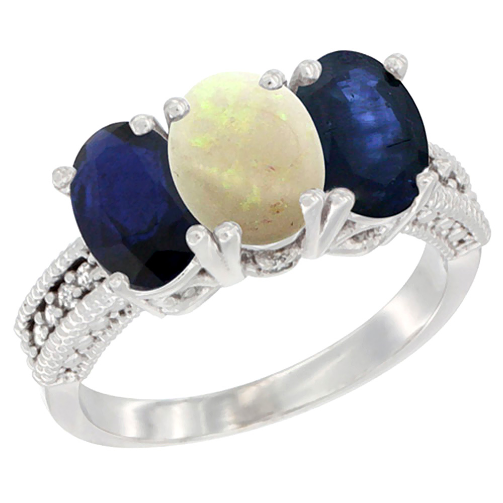 14K White Gold Natural Opal &amp; Blue Sapphire Sides Ring 3-Stone 7x5 mm Oval Diamond Accent, sizes 5 - 10