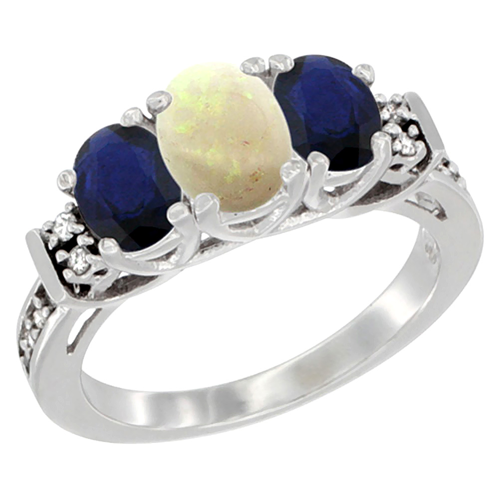 10K White Gold Natural Opal & Quality Blue Sapphire 3-stone Mothers Ring Oval Diamond Accent, size 5-10