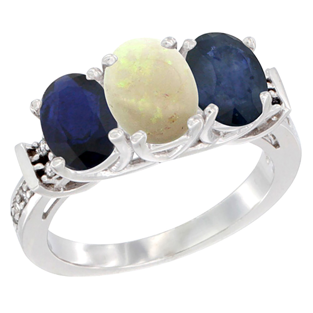 10K White Gold Natural Opal &amp; Blue Sapphire Sides Ring 3-Stone Oval Diamond Accent, sizes 5 - 10