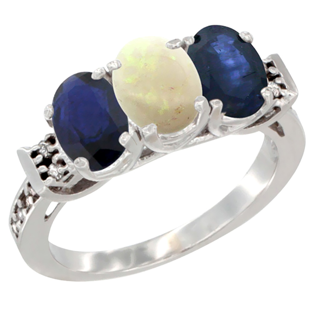 14K White Gold Natural Opal &amp; Blue Sapphire Sides Ring 3-Stone Oval 7x5 mm Diamond Accent, sizes 5 - 10