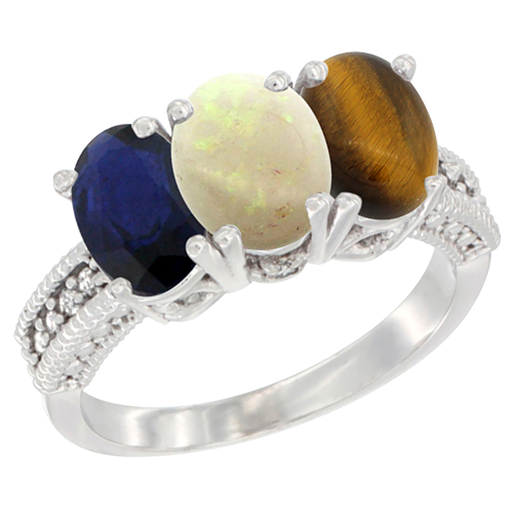 14K White Gold Natural Blue Sapphire, Opal &amp; Tiger Eye Ring 3-Stone 7x5 mm Oval Diamond Accent, sizes 5 - 10