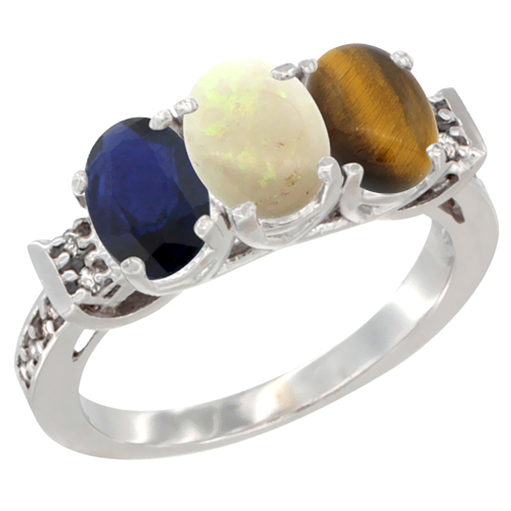 14K White Gold Natural Blue Sapphire, Opal &amp; Tiger Eye Ring 3-Stone Oval 7x5 mm Diamond Accent, sizes 5 - 10