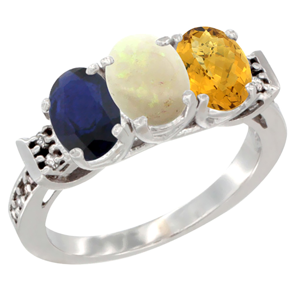 14K White Gold Natural Blue Sapphire, Opal &amp; Whisky Quartz Ring 3-Stone Oval 7x5 mm Diamond Accent, sizes 5 - 10