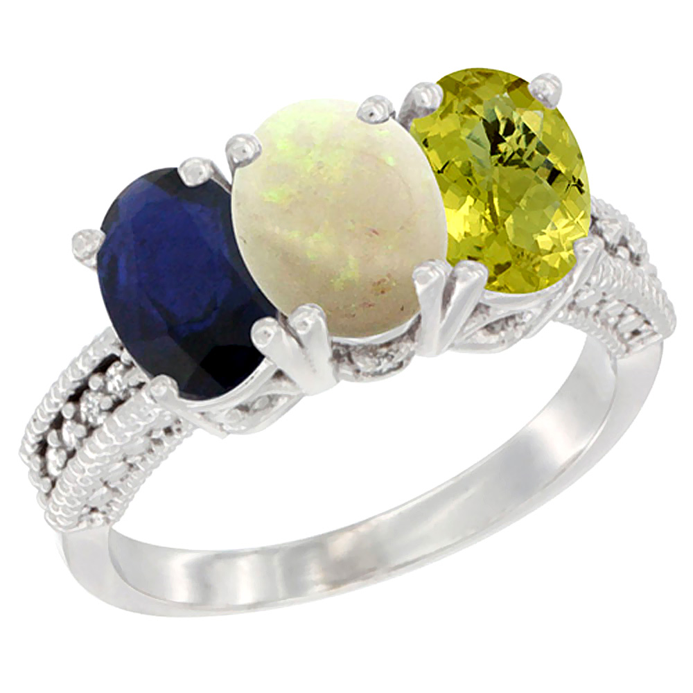 10K White Gold Diamond Natural Blue Sapphire, Opal & Lemon Quartz Ring 3-Stone 7x5 mm Oval, sizes 5 - 10
