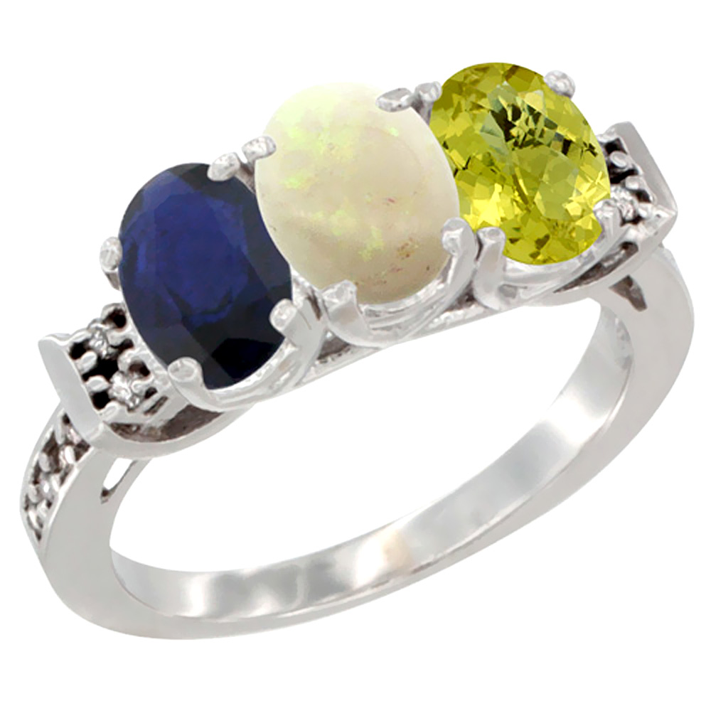 10K White Gold Natural Blue Sapphire, Opal & Lemon Quartz Ring 3-Stone Oval 7x5 mm Diamond Accent, sizes 5 - 10