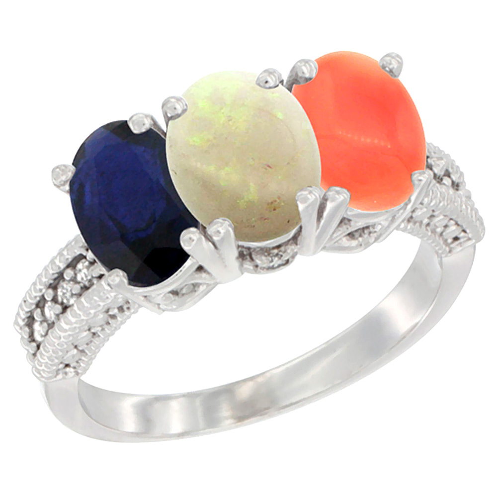 14K White Gold Natural Blue Sapphire, Opal & Coral Ring 3-Stone 7x5 mm Oval Diamond Accent, sizes 5 - 10