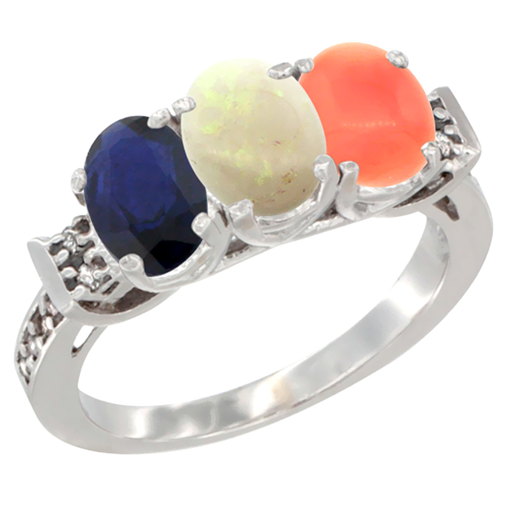 14K White Gold Natural Blue Sapphire, Opal & Coral Ring 3-Stone Oval 7x5 mm Diamond Accent, sizes 5 - 10