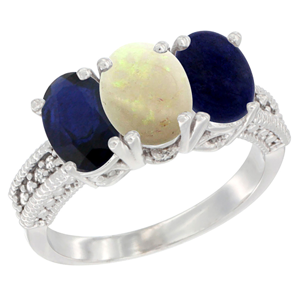 14K White Gold Natural Blue Sapphire, Opal & Lapis Ring 3-Stone 7x5 mm Oval Diamond Accent, sizes 5 - 10