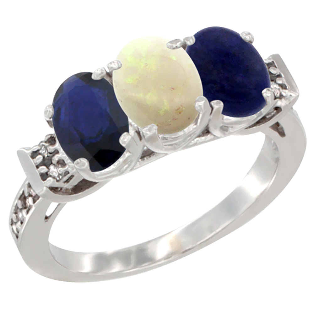 14K White Gold Natural Blue Sapphire, Opal & Lapis Ring 3-Stone Oval 7x5 mm Diamond Accent, sizes 5 - 10