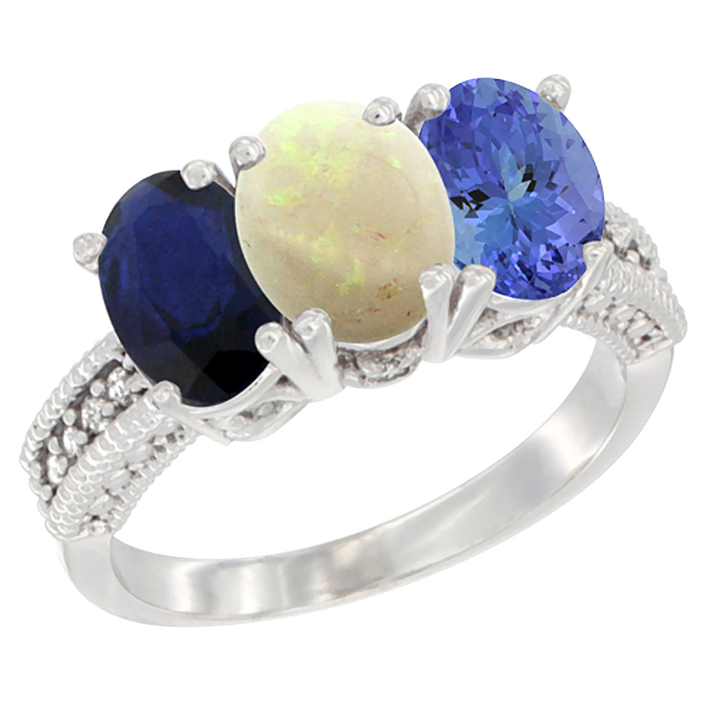 14K White Gold Natural Blue Sapphire, Opal &amp; Tanzanite Ring 3-Stone 7x5 mm Oval Diamond Accent, sizes 5 - 10