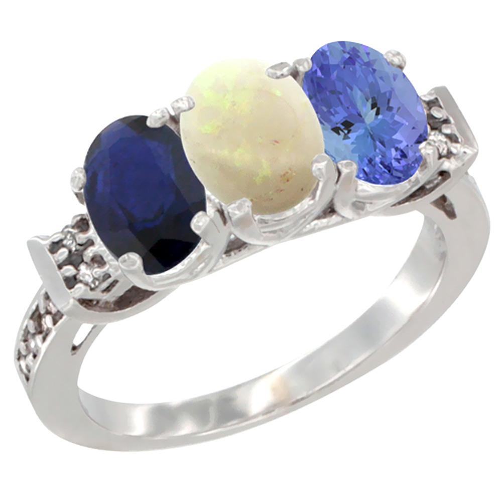 14K White Gold Natural Blue Sapphire, Opal &amp; Tanzanite Ring 3-Stone Oval 7x5 mm Diamond Accent, sizes 5 - 10