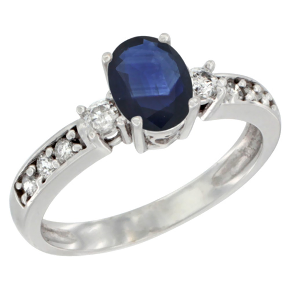 10k White Gold Natural Blue Sapphire Ring Oval 7x5 mm Diamond Accent, sizes 5 - 10