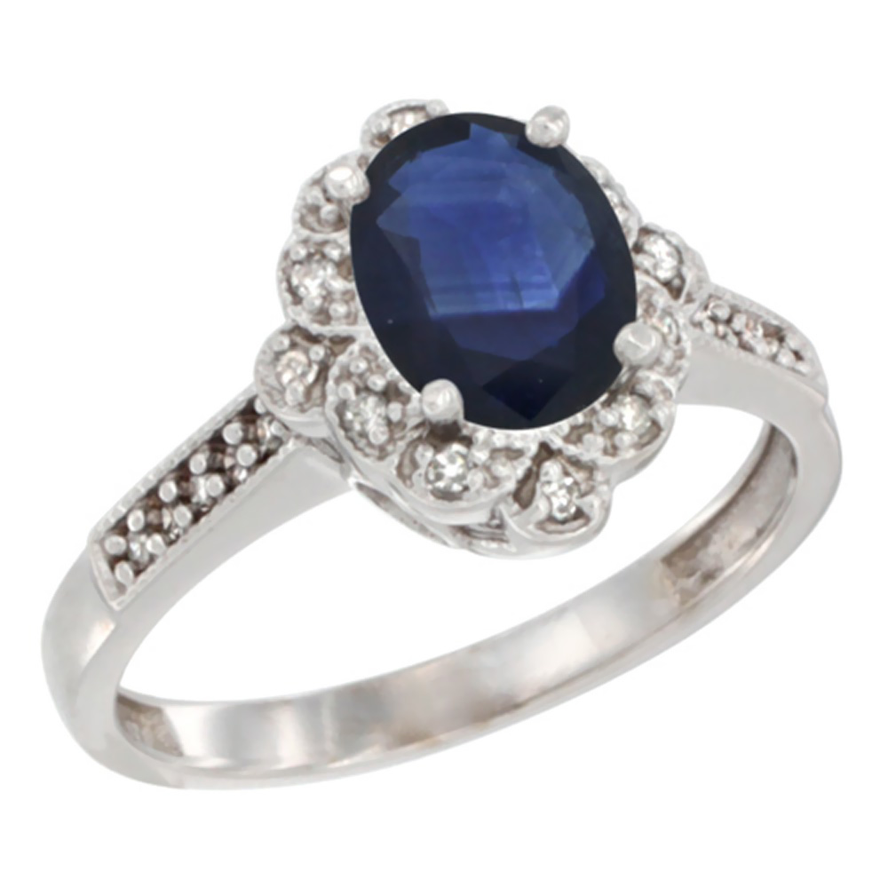 10K White Gold Diamond Floral Halo Natural Quality Blue Sapphire Engagement Ring Oval 8x6 mm, size 5 - 10