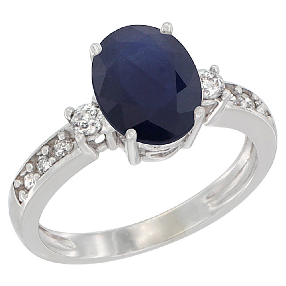 10K White Gold Natural Blue Sapphire Ring Oval 9x7 mm Diamond Accent, sizes 5 - 10