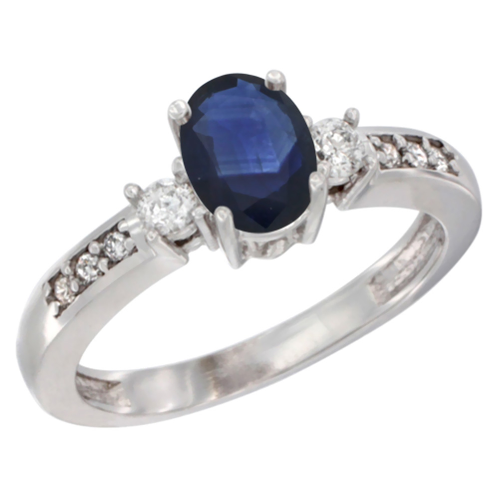 10K White Gold Diamond Natural Blue Sapphire Engagement Ring Oval 7x5 mm, sizes 5 - 10