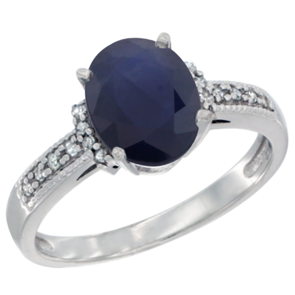 14K Yellow Gold Natural Blue Sapphire Ring Oval 9x7 mm Diamond Accent, sizes 5 - 10