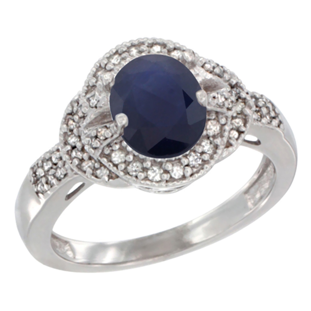 10K White Gold Natural Blue Sapphire Ring Oval 8x6 mm Diamond Accent, sizes 5 - 10