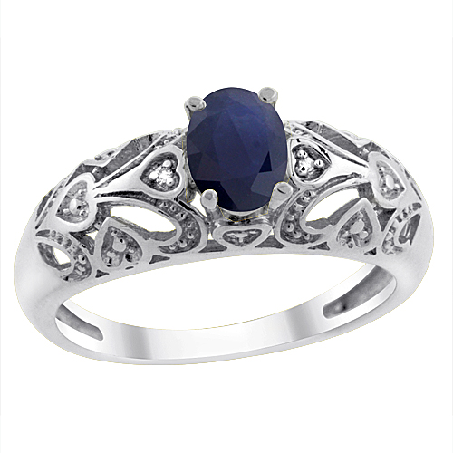 14K White Gold Natural High Quality Blue Sapphire Ring Oval 6x4 mm Diamond Accent, sizes 5 - 10