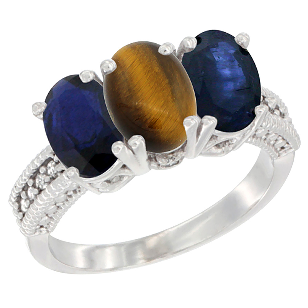 14K White Gold Natural Tiger Eye &amp; Blue Sapphire Sides Ring 3-Stone 7x5 mm Oval Diamond Accent, sizes 5 - 10