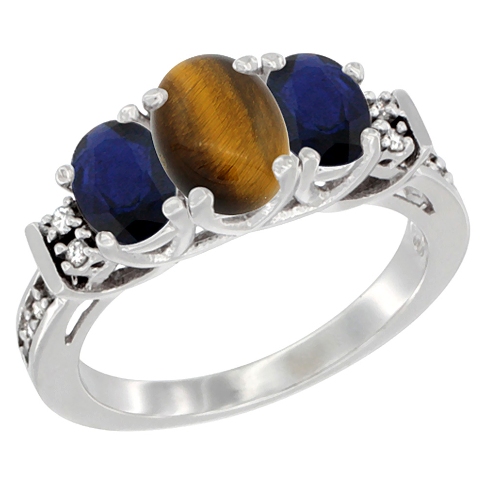 10K White Gold Natural Tiger Eye &amp; Quality Blue Sapphire 3-stone Mothers Ring Oval Diamond Accent, sz5-10