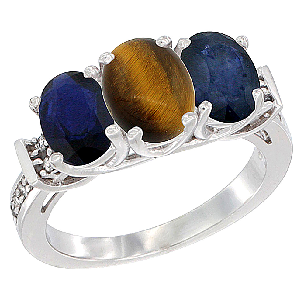 10K White Gold Natural Tiger Eye & Blue Sapphire Sides Ring 3-Stone Oval Diamond Accent, sizes 5 - 10