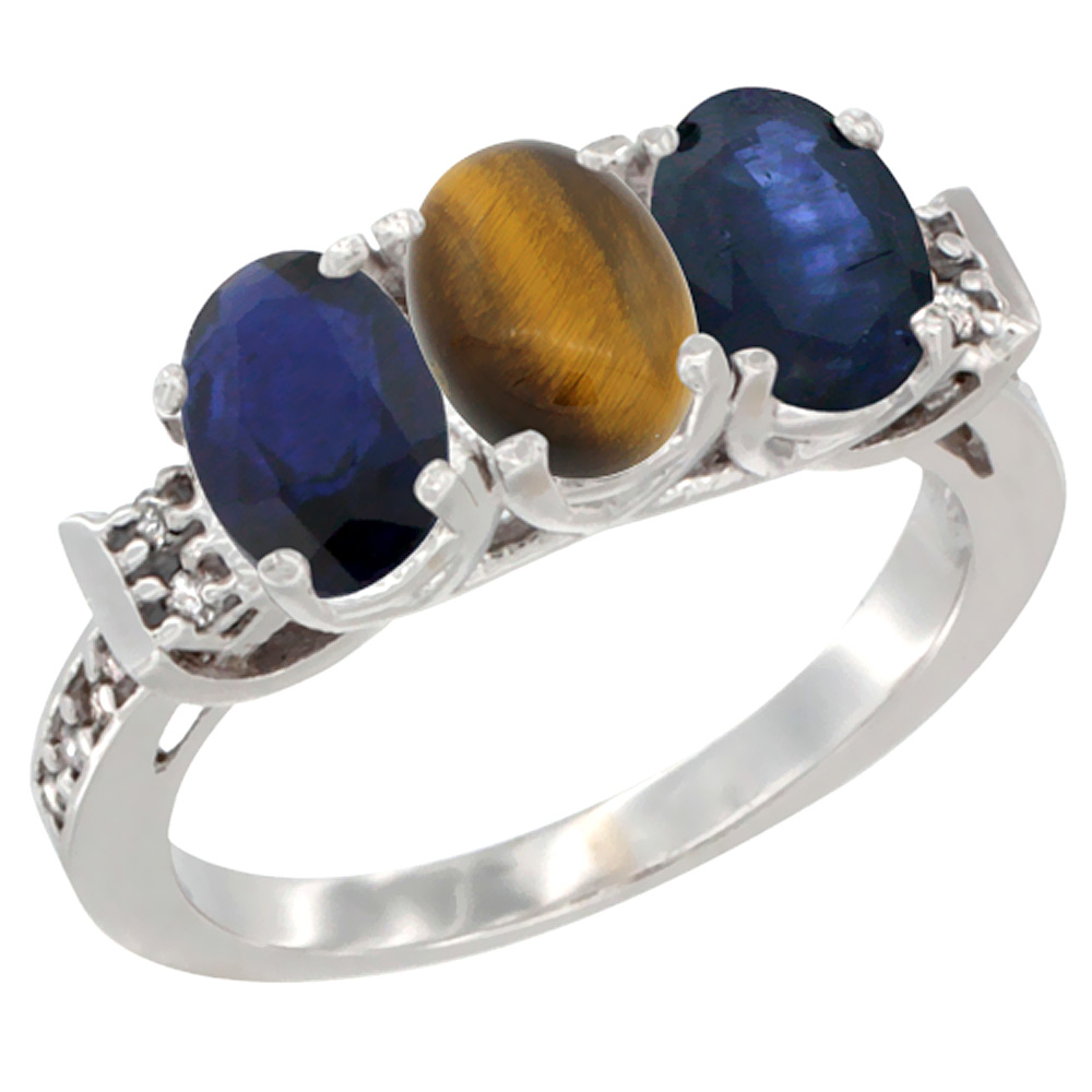10K White Gold Natural Tiger Eye &amp; Blue Sapphire Sides Ring 3-Stone Oval 7x5 mm Diamond Accent, sizes 5 - 10