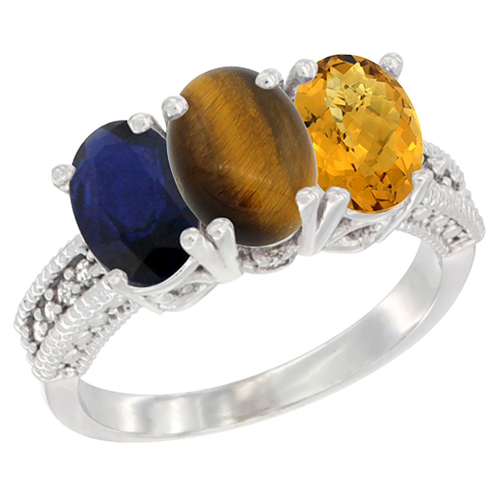 14K White Gold Natural Blue Sapphire, Tiger Eye & Whisky Quartz Ring 3-Stone 7x5 mm Oval Diamond Accent, sizes 5 - 10