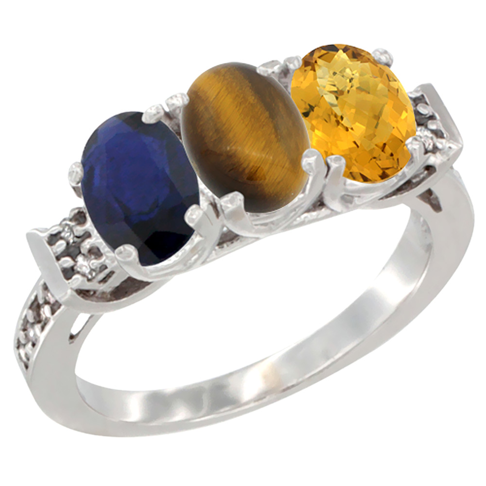 14K White Gold Natural Blue Sapphire, Tiger Eye &amp; Whisky Quartz Ring 3-Stone Oval 7x5 mm Diamond Accent, sizes 5 - 10