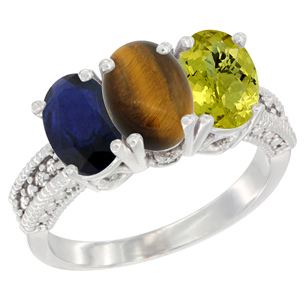 14K White Gold Natural Blue Sapphire, Tiger Eye &amp; Lemon Quartz Ring 3-Stone 7x5 mm Oval Diamond Accent, sizes 5 - 10