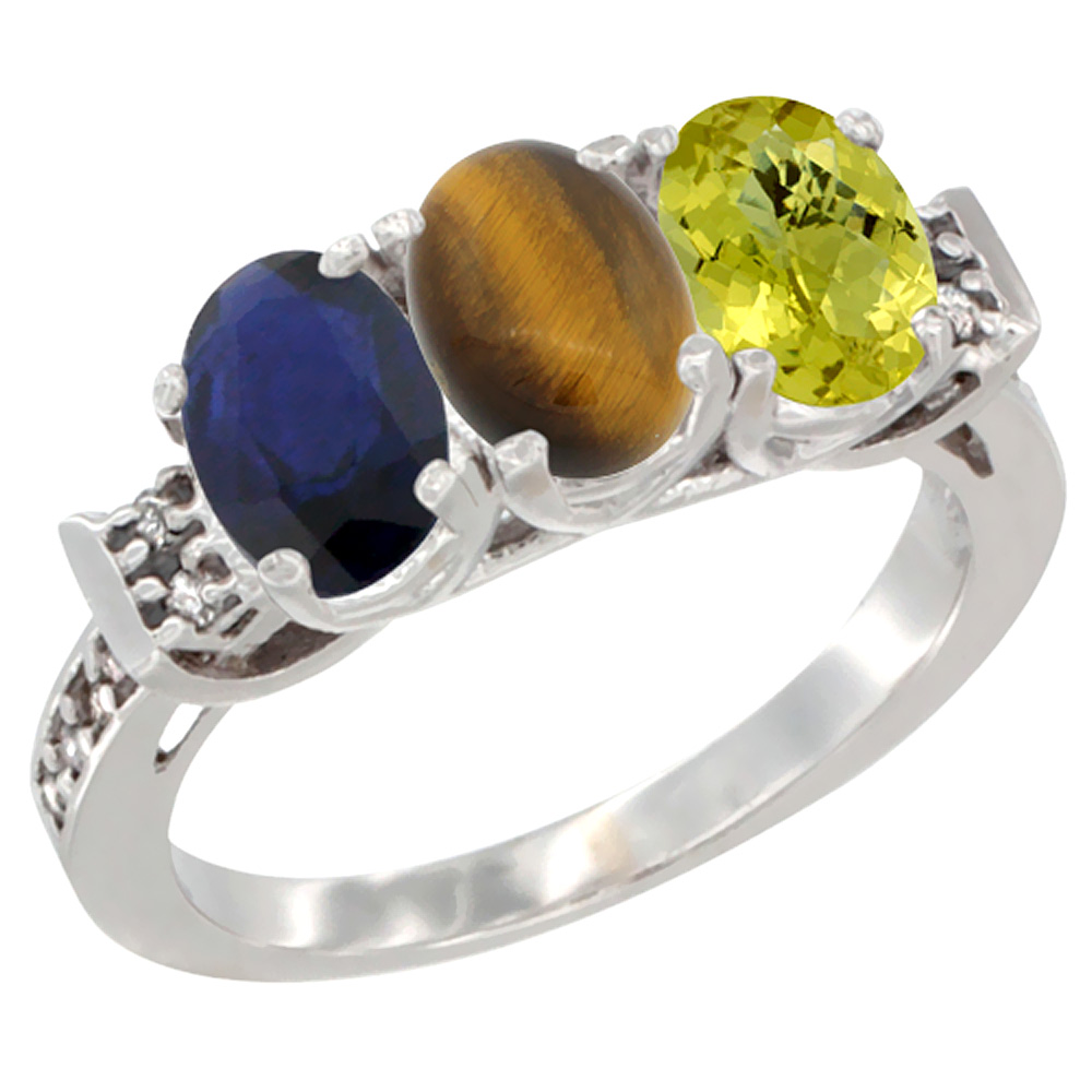 10K White Gold Natural Blue Sapphire, Tiger Eye & Lemon Quartz Ring 3-Stone Oval 7x5 mm Diamond Accent, sizes 5 - 10
