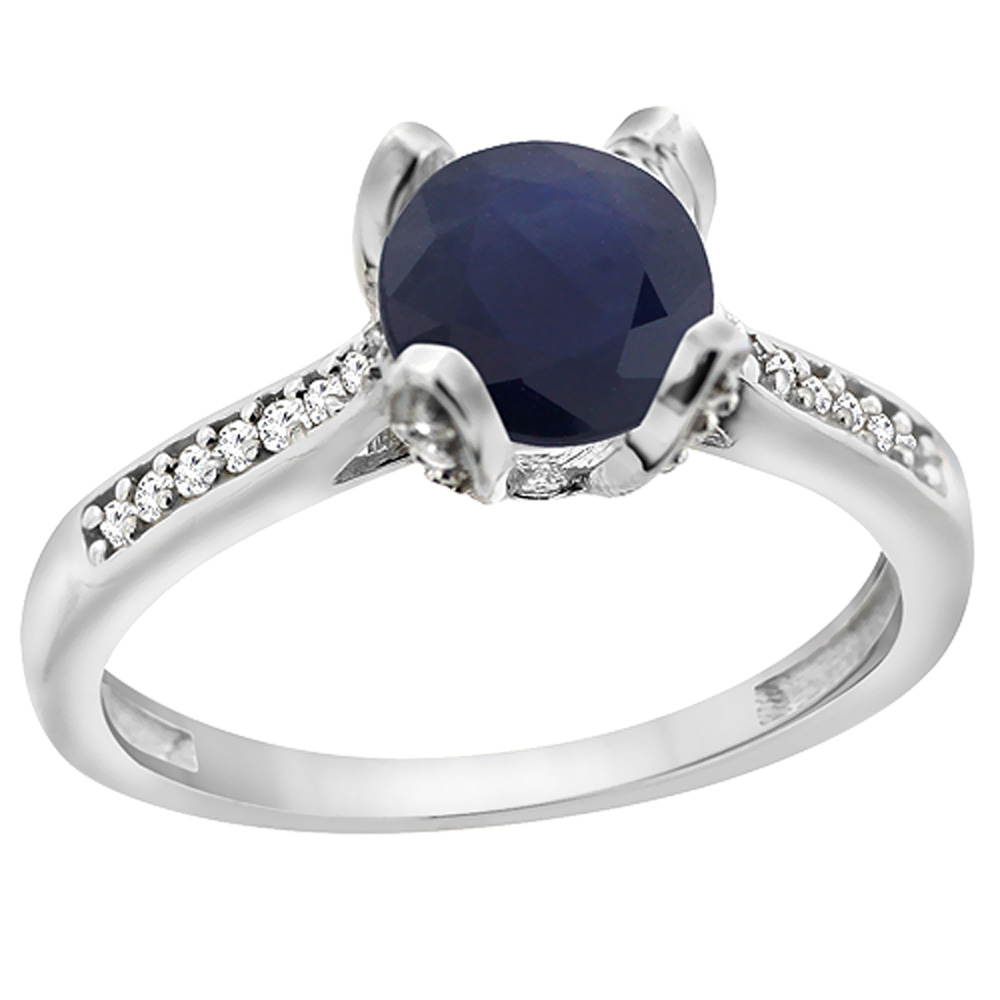 10K White Gold Diamond Natural Quality Blue Sapphire Engagement Ring Round 7mm, size 5-10