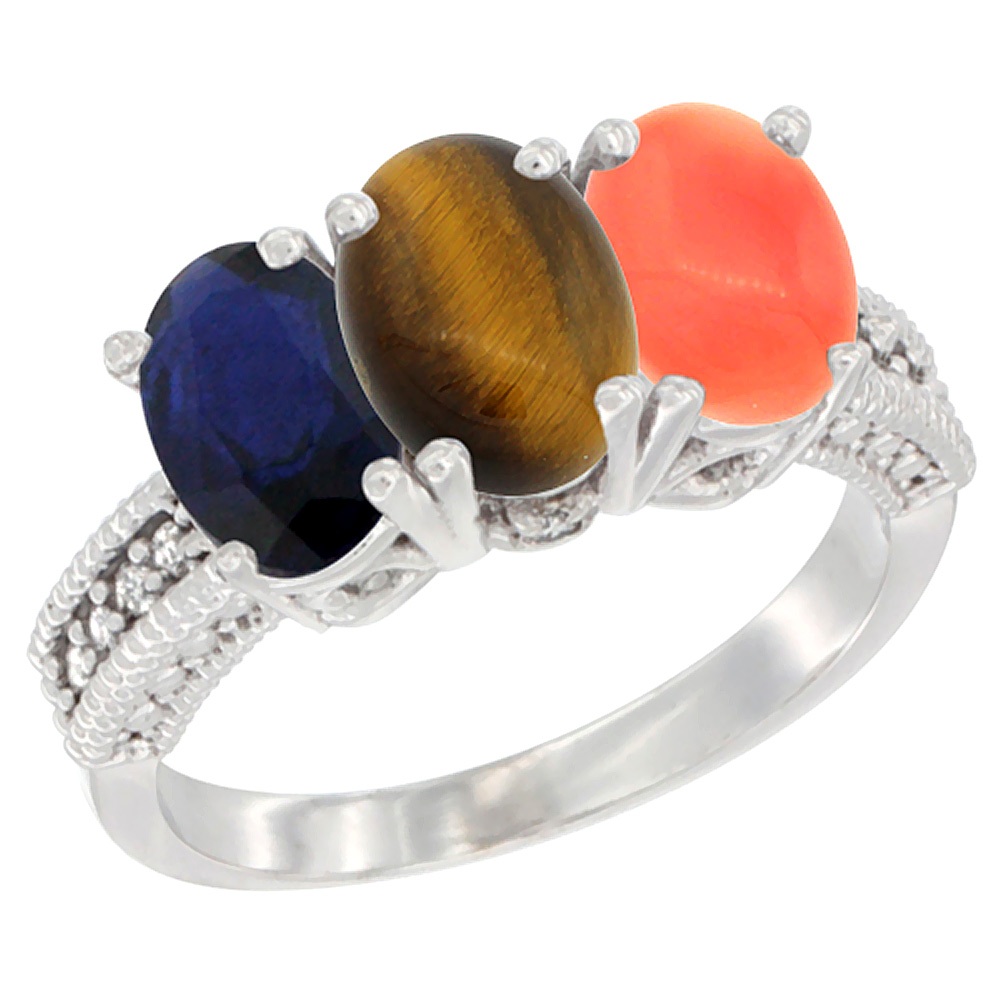 10K White Gold Diamond Natural Blue Sapphire, Tiger Eye &amp; Coral Ring 3-Stone 7x5 mm Oval, sizes 5 - 10
