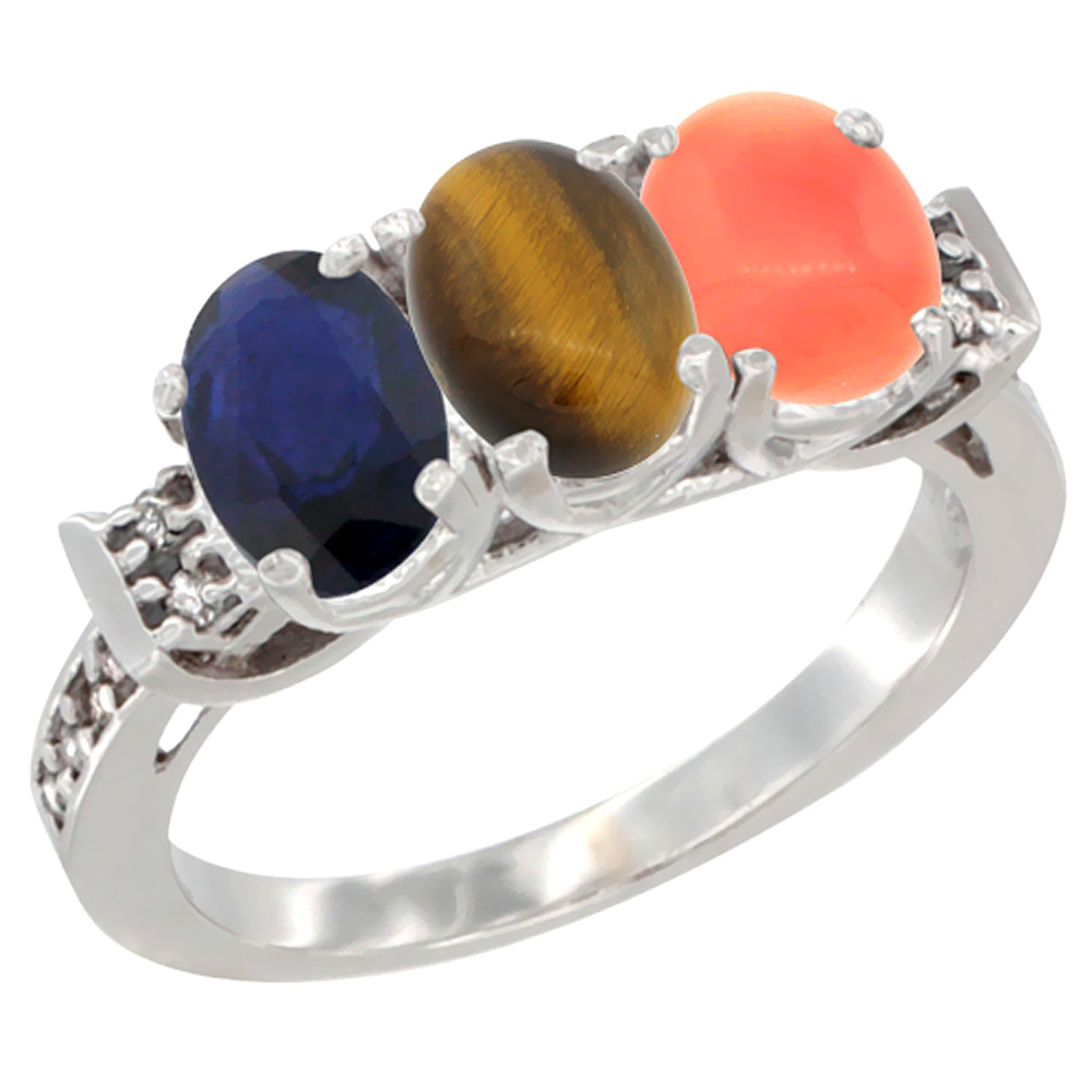 10K White Gold Natural Blue Sapphire, Tiger Eye & Coral Ring 3-Stone Oval 7x5 mm Diamond Accent, sizes 5 - 10