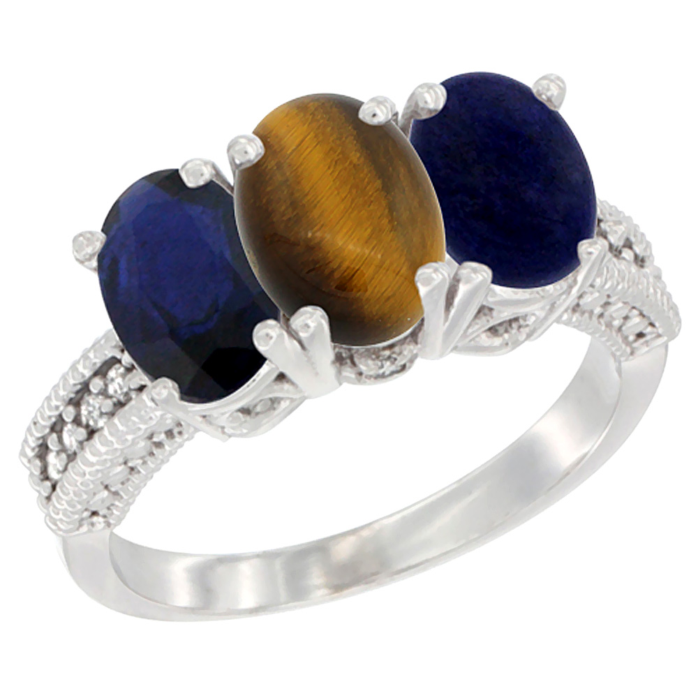 14K White Gold Natural Blue Sapphire, Tiger Eye &amp; Lapis Ring 3-Stone 7x5 mm Oval Diamond Accent, sizes 5 - 10