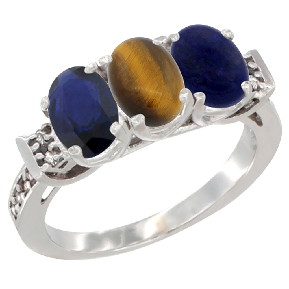10K White Gold Natural Blue Sapphire, Tiger Eye & Lapis Ring 3-Stone Oval 7x5 mm Diamond Accent, sizes 5 - 10