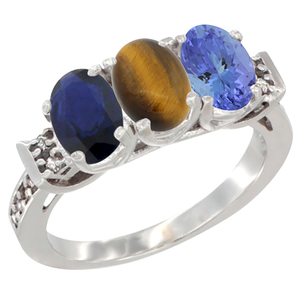 14K White Gold Natural Blue Sapphire, Tiger Eye &amp; Tanzanite Ring 3-Stone Oval 7x5 mm Diamond Accent, sizes 5 - 10