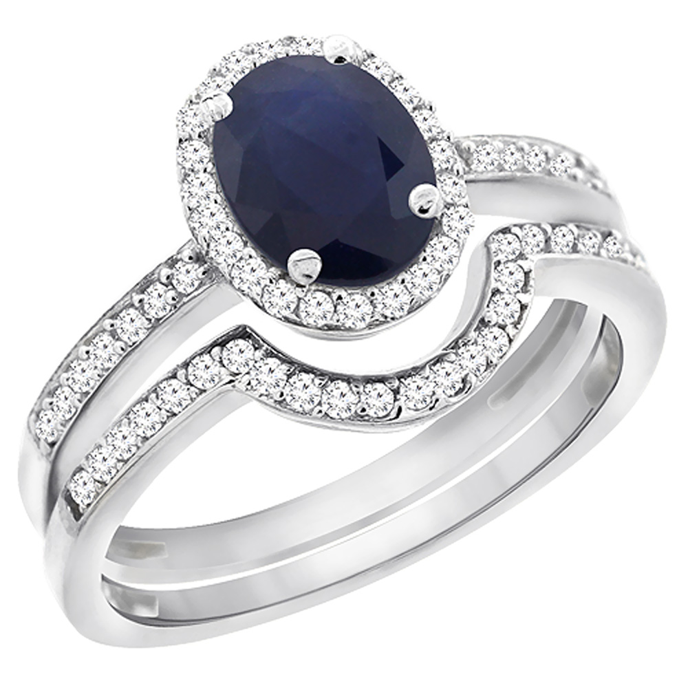 10K White Gold Diamond Natural Quality Blue Sapphire 2-Pc. Engagement Ring Set Oval 8x6 mm, size 5 - 10