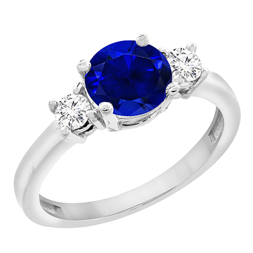 10K White Gold Diamond Natural Quality Blue Sapphire Engagement Ring Round 7mm, size 5-10