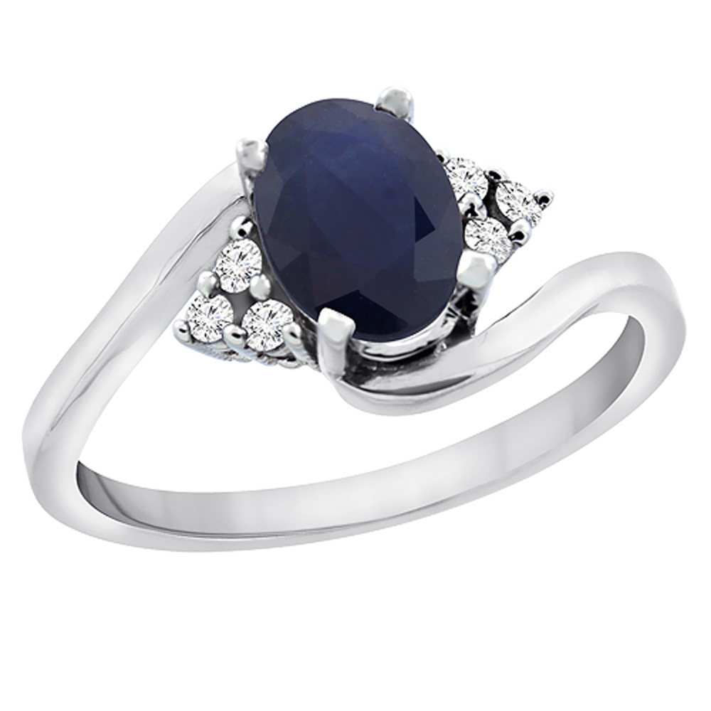 10K White Gold Diamond Natural Blue Sapphire Engagement Ring Oval 7x5mm, sizes 5 - 10