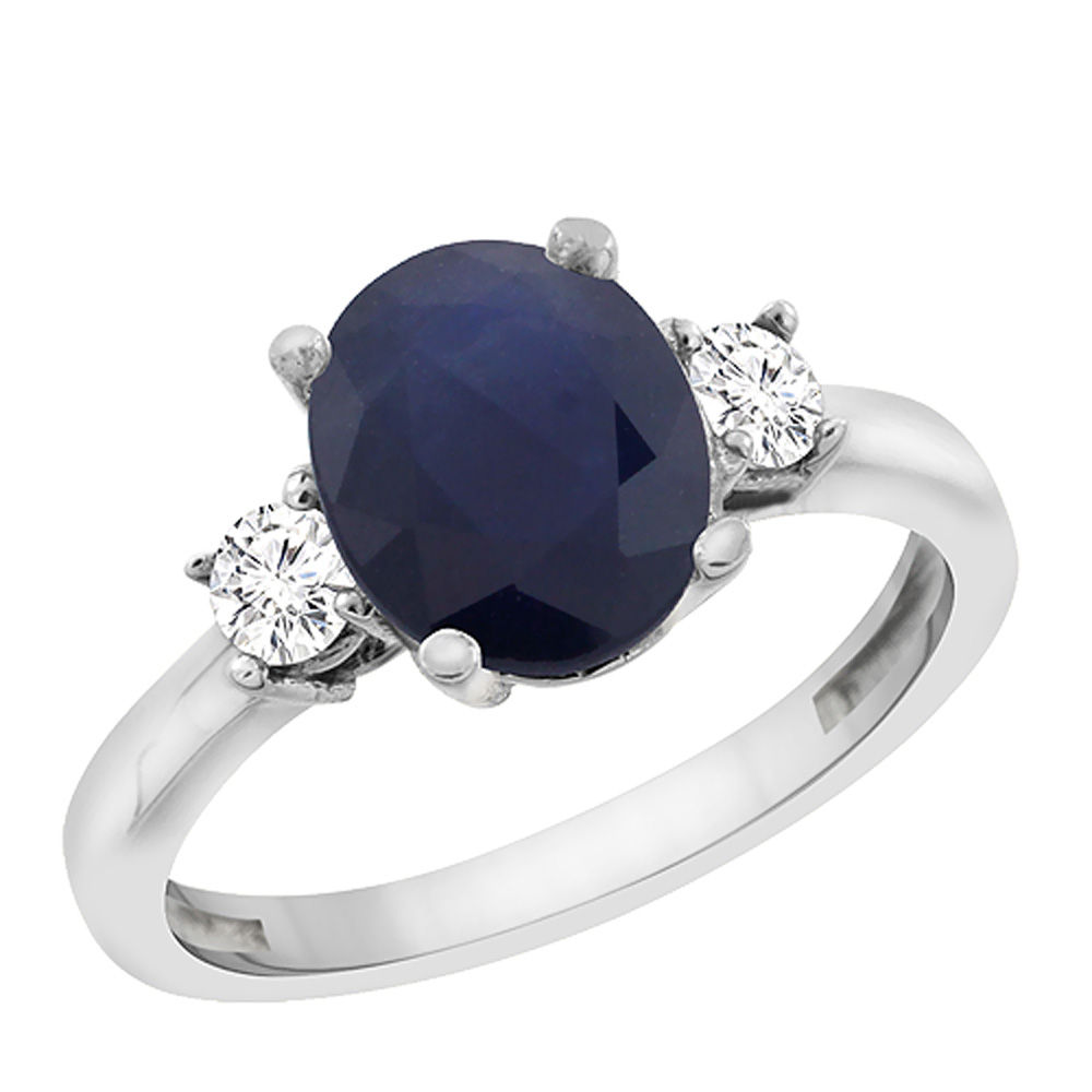 10K White Gold Natural Blue Sapphire Engagement Ring Oval 10x8 mm Diamond Sides, sizes 5 - 10
