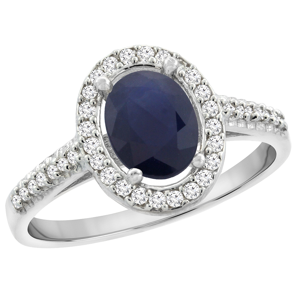 14K White Gold Diamond Halo Natural Quality Blue Sapphire Engagement Ring Oval 7x5 mm, size 5 - 10