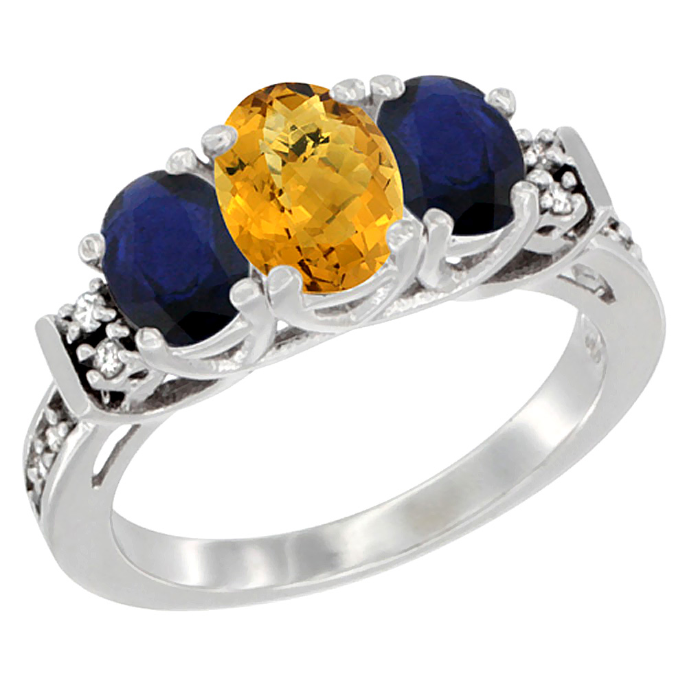 14K White Gold Natural Whisky Quartz &amp; Blue Sapphire Ring 3-Stone Oval with Diamond Accent