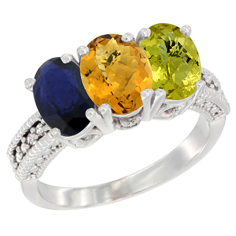10K White Gold Diamond Natural Blue Sapphire, Whisky Quartz &amp; Lemon Quartz Ring 3-Stone 7x5 mm Oval, sizes 5 - 10